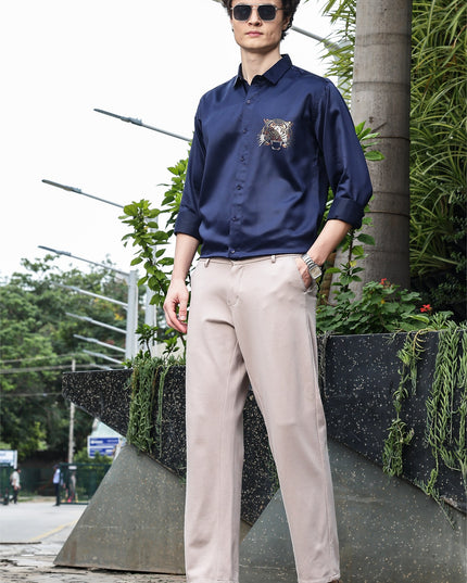Comet Navy Sequence Club Wear Satin Party Shirt