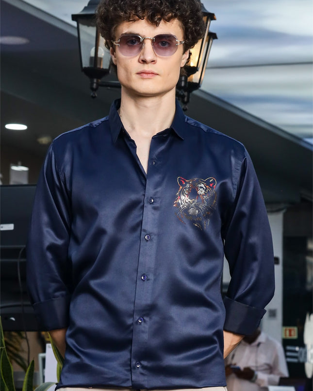 Zodiac Navy Sequence Club Wear Satin Party Shirt