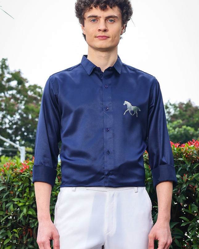 Chambray Navy Blue Sequence Club Wear Satin Party Shirt