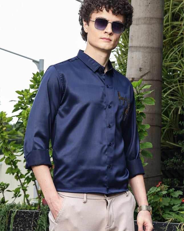 Bayoux Blue Sequence Club Wear Satin Party Shirt