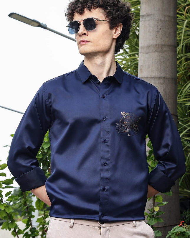 Comet Navy Sequence Club Wear Satin Party Shirt