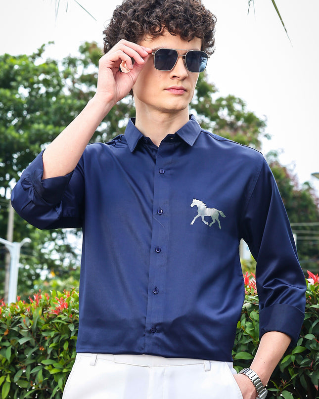 Chambray Navy Blue Sequence Club Wear Satin Party Shirt