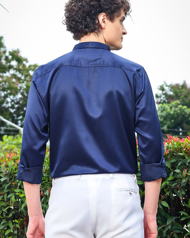 Chambray Navy Blue Sequence Club Wear Satin Party Shirt