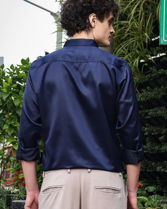 Comet Navy Sequence Club Wear Satin Party Shirt