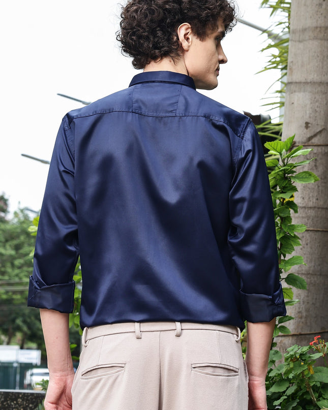 Bayoux Blue Sequence Club Wear Satin Party Shirt