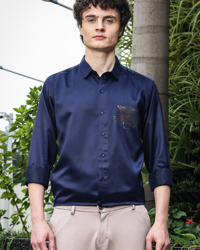 Comet Navy Sequence Club Wear Satin Party Shirt