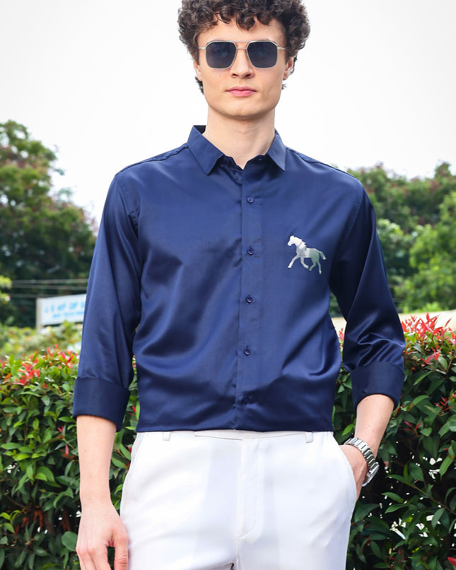 Chambray Navy Blue Sequence Club Wear Satin Party Shirt