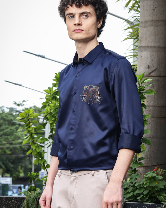 Comet Navy Sequence Club Wear Satin Party Shirt