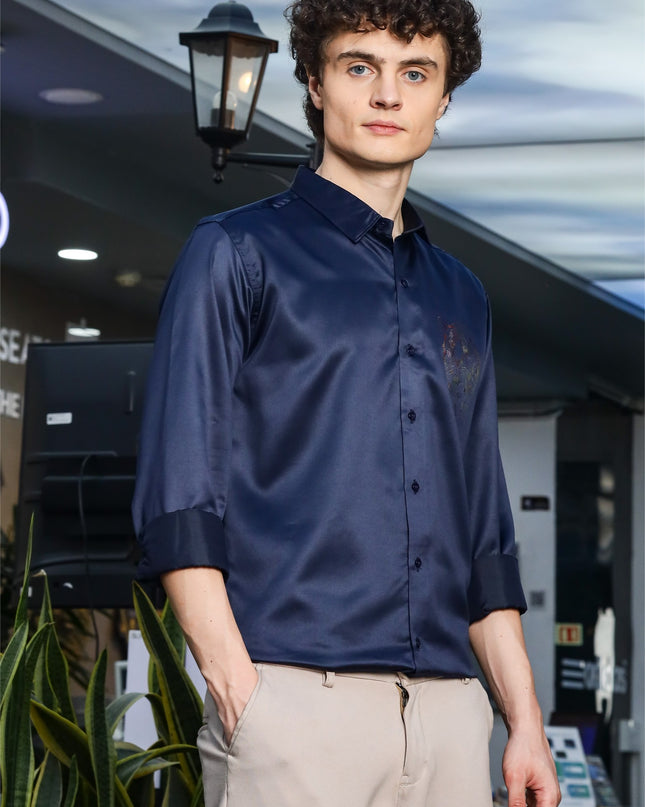 Zodiac Navy Sequence Club Wear Satin Party Shirt
