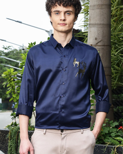 Bayoux Blue Sequence Club Wear Satin Party Shirt