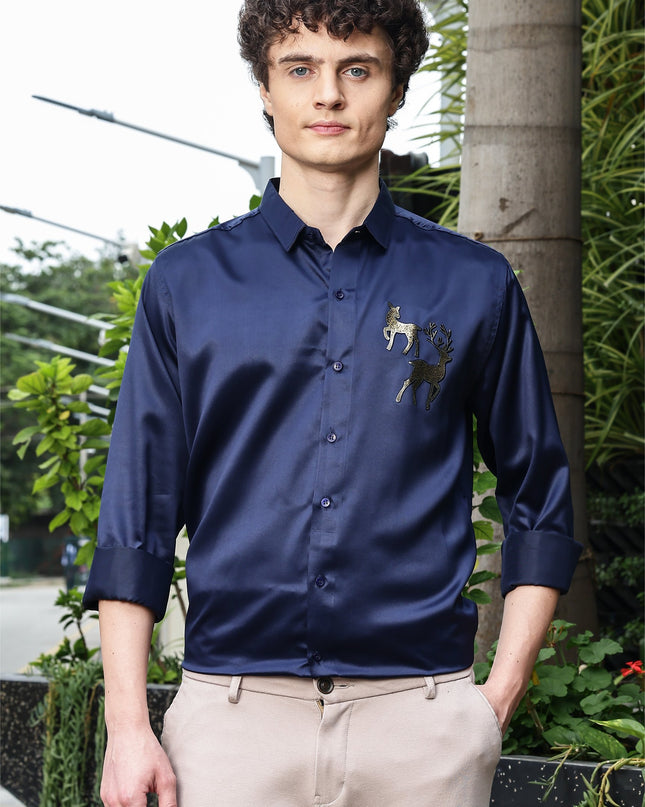 Bayoux Blue Sequence Club Wear Satin Party Shirt