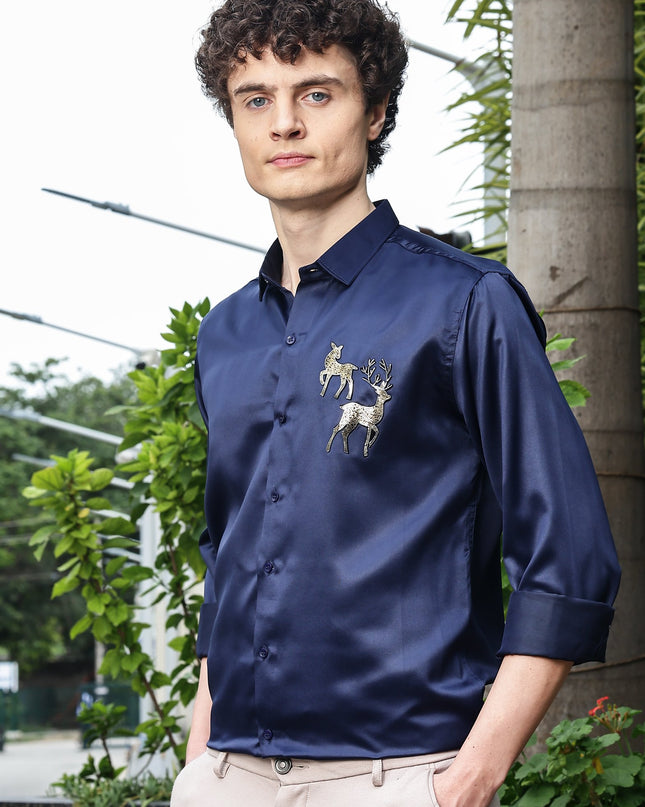 Bayoux Blue Sequence Club Wear Satin Party Shirt