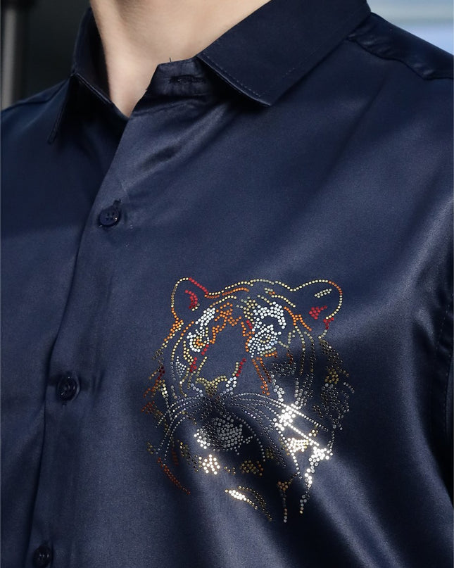 Zodiac Navy Sequence Club Wear Satin Party Shirt