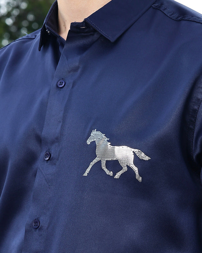 Chambray Navy Blue Sequence Club Wear Satin Party Shirt