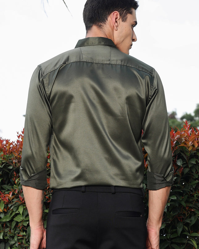 Wenge Green Sequence Club Wear Satin Party Shirt