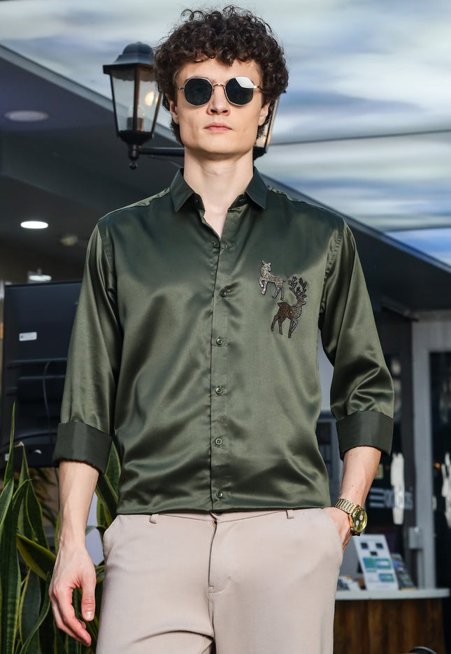 Granite Olive Green Sequence Club Wear Satin Party Shirt