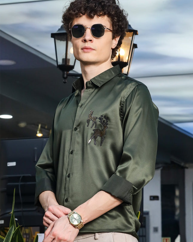 Granite Olive Green Sequence Club Wear Satin Party Shirt