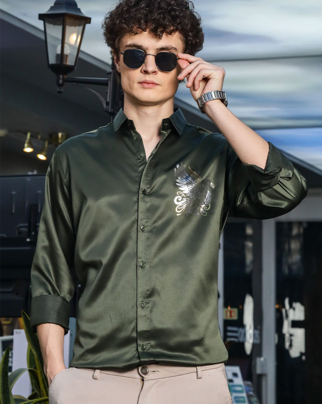 Crocodile Olive Sequence Club Wear Satin Party Shirt
