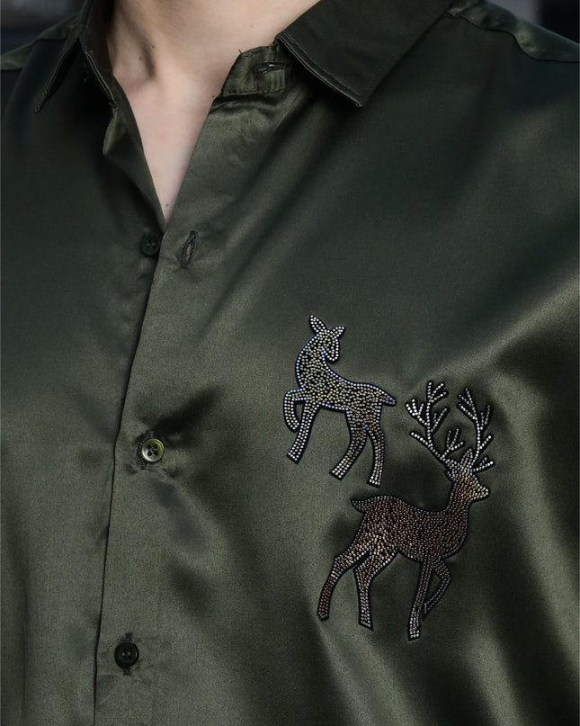 Granite Olive Green Sequence Club Wear Satin Party Shirt