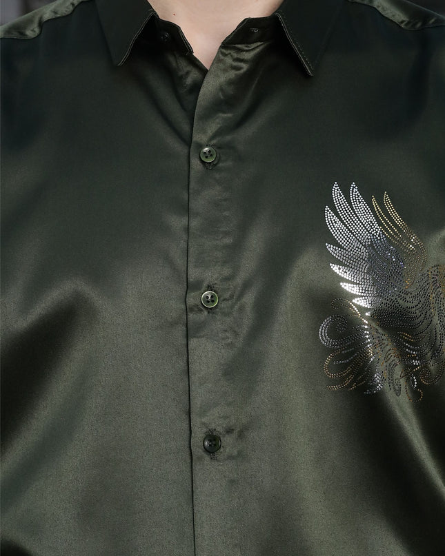 Crocodile Olive Sequence Club Wear Satin Party Shirt
