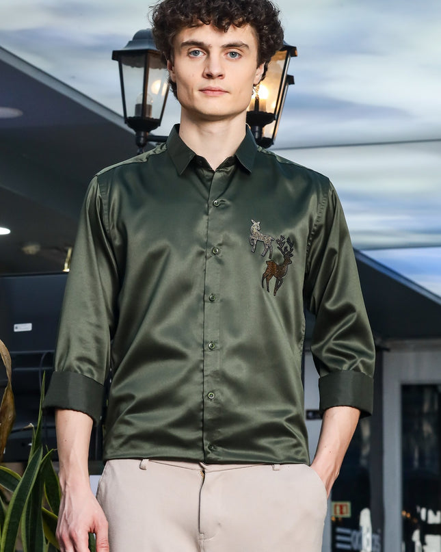Granite Olive Green Sequence Club Wear Satin Party Shirt