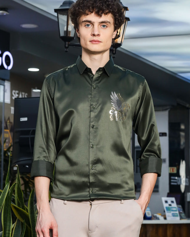 Crocodile Olive Sequence Club Wear Satin Party Shirt