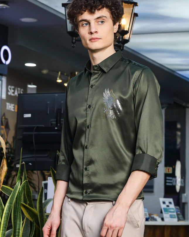 Crocodile Olive Sequence Club Wear Satin Party Shirt