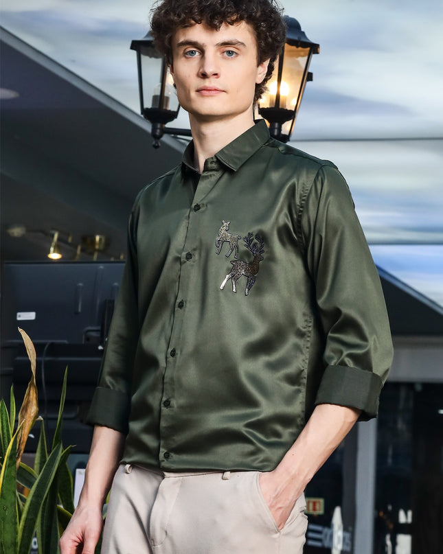 Granite Olive Green Sequence Club Wear Satin Party Shirt