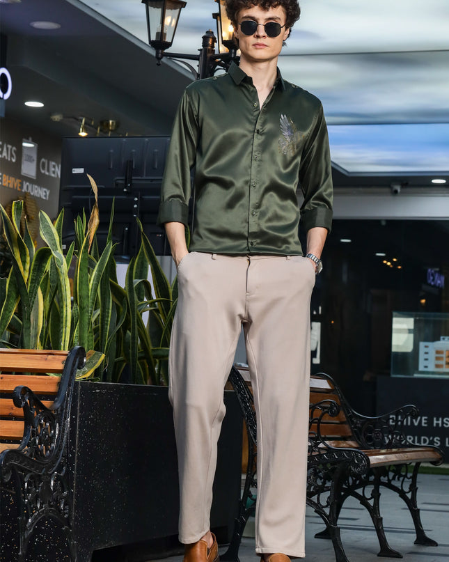 Crocodile Olive Sequence Club Wear Satin Party Shirt