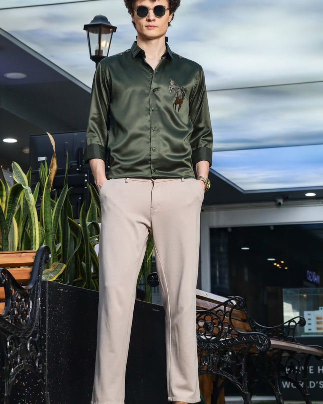 Granite Olive Green Sequence Club Wear Satin Party Shirt
