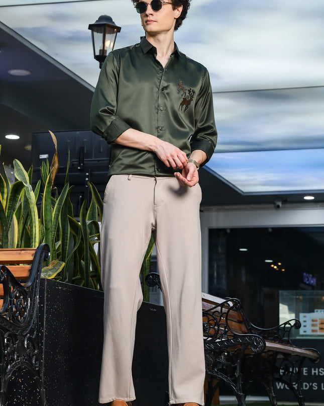Granite Olive Green Sequence Club Wear Satin Party Shirt