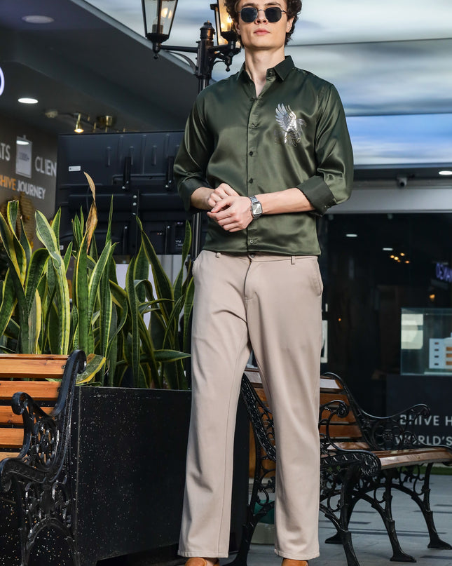 Crocodile Olive Sequence Club Wear Satin Party Shirt