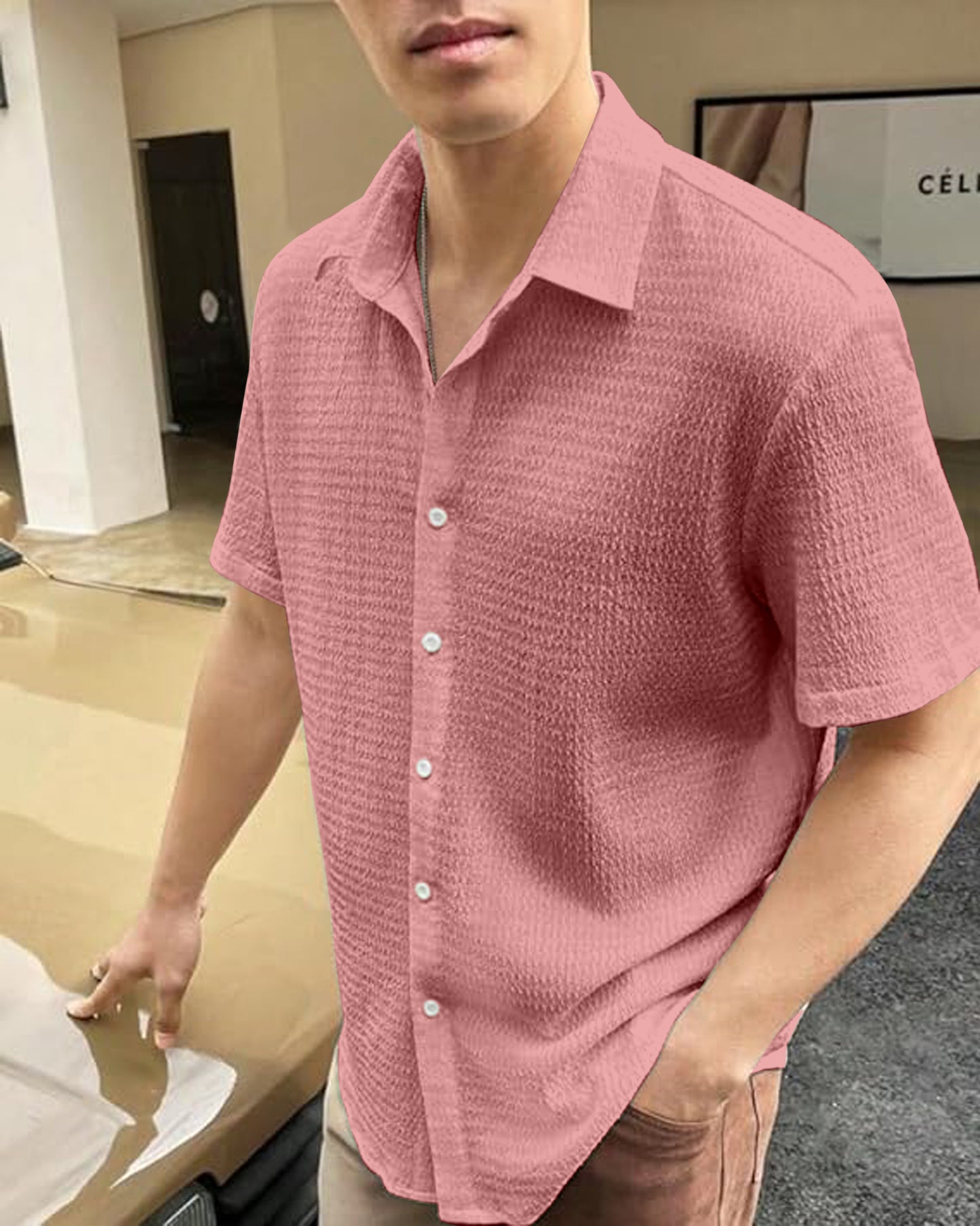 IndoPrimo Men's Regular Fit Self Design Spread Collar Casual Half Sleeve Shirt - Pop