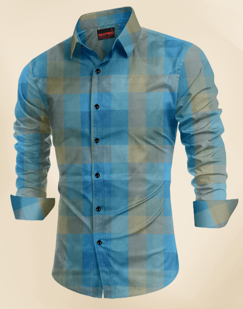 IndoPrimo Men's Cotton Casual Cloudbrust Checks Shirt for Men Full Sleeves - Rustom