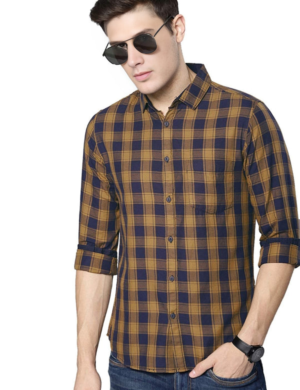 IndoPrimo Men's Cotton Casual Regular Fit Yellow Checks Shirt for Men
