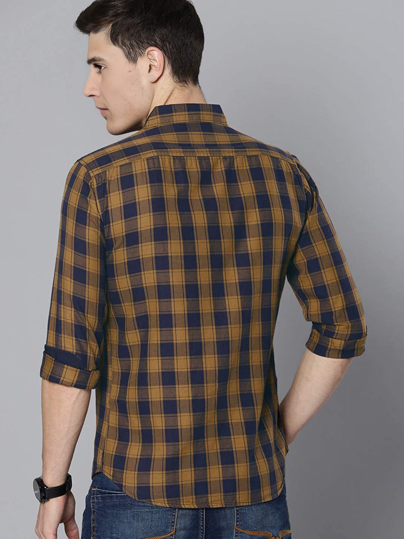 IndoPrimo Men's Cotton Casual Regular Fit Yellow Checks Shirt for Men