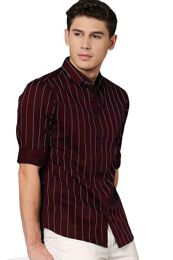 IndoPrimo Men's Regular Fit Soft Poly Cotton Maroon Stripe Casual Shirt