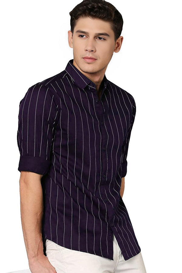 IndoPrimo Men's Regular Fit Soft Poly Cotton Purple Stripe Casual Shirt