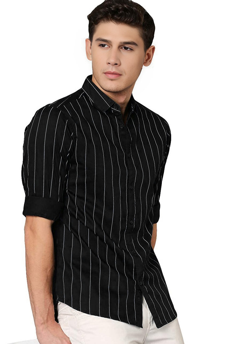 IndoPrimo Men's Regular Fit Soft Poly Cotton Black Stripe Casual Shirt