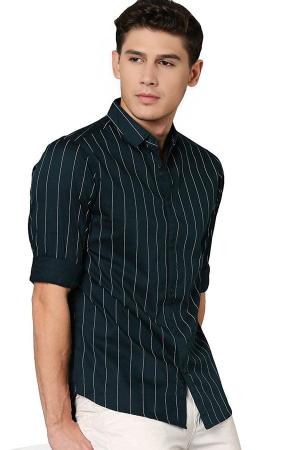 IndoPrimo Men's Regular Fit Soft Poly Cotton Rama Green Stripe Casual Shirt