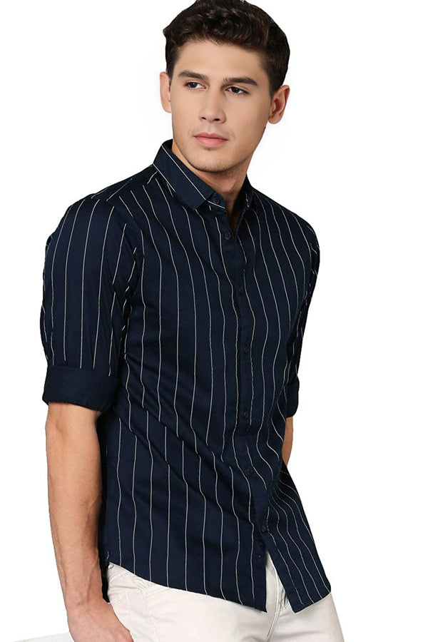 IndoPrimo Men's Regular Fit Soft Poly Cotton Navy Stripe Casual Shirt