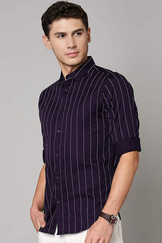 IndoPrimo Men's Regular Fit Soft Poly Cotton Purple Stripe Casual Shirt