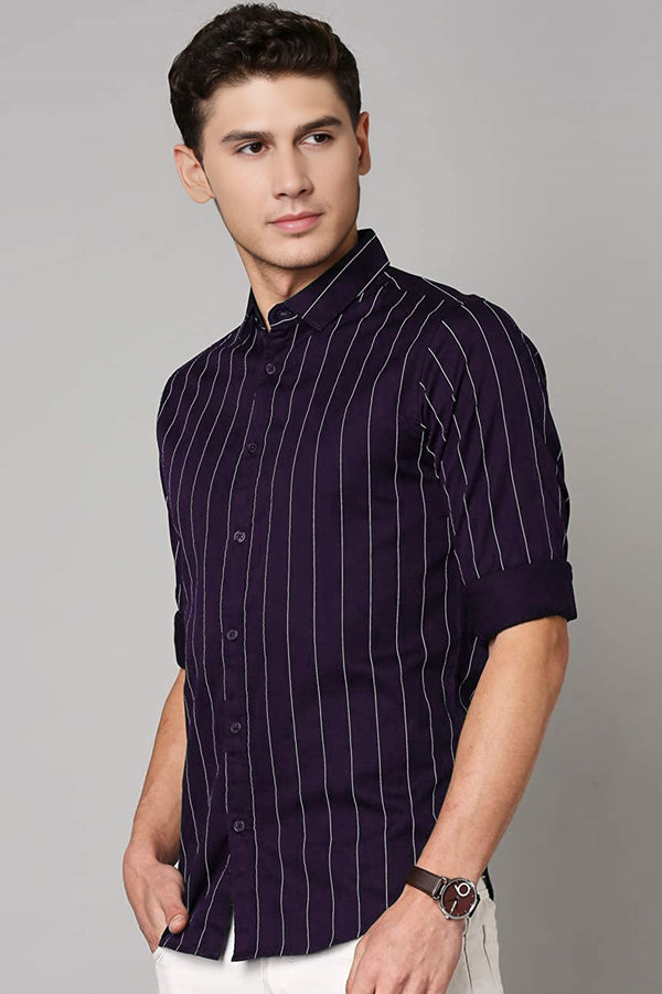 IndoPrimo Men's Regular Fit Soft Poly Cotton Purple Stripe Casual Shirt