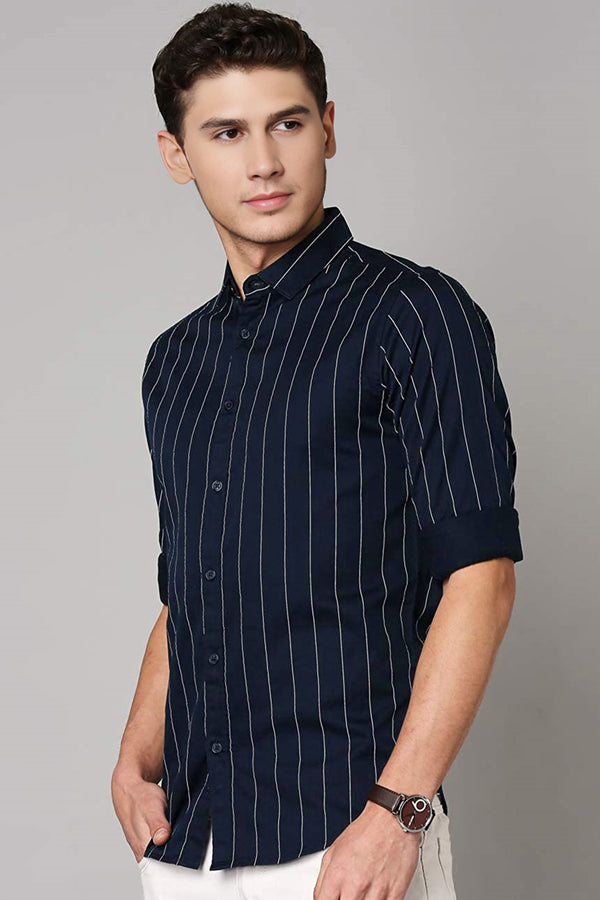 IndoPrimo Men's Regular Fit Soft Poly Cotton Navy Stripe Casual Shirt