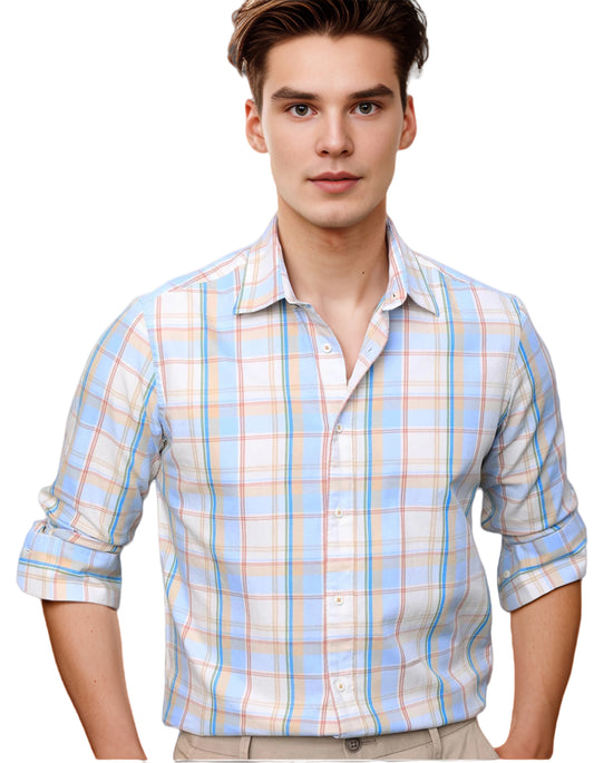 IndoPrimo Men's Poly Cotton Casual Regular Fit Small Checks Shirt Long Sleeves - Airlift