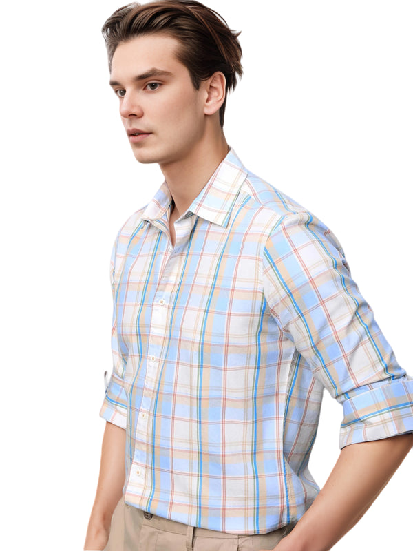 IndoPrimo Men's Poly Cotton Casual Regular Fit Small Checks Shirt Long Sleeves - Airlift