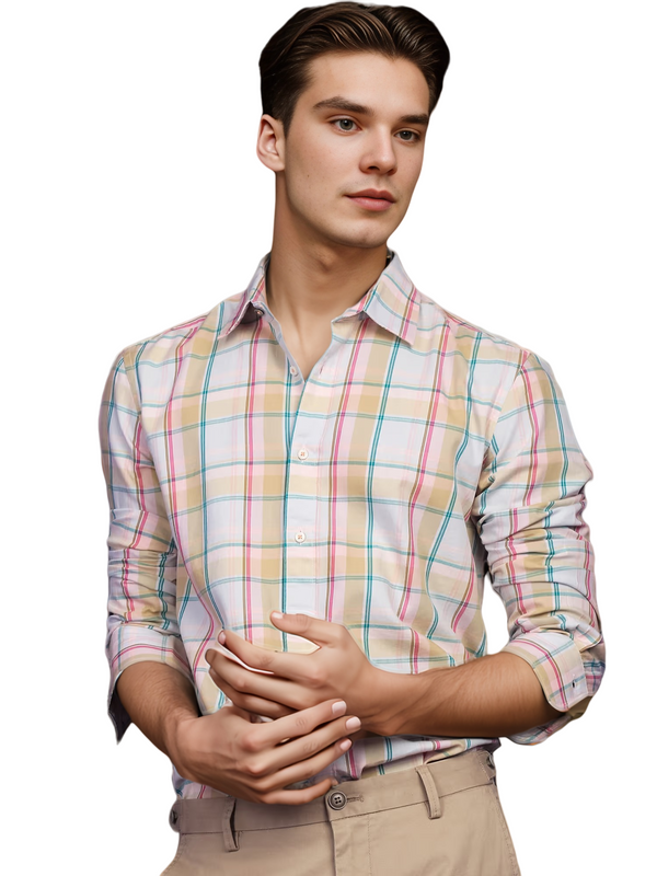 IndoPrimo Men's Poly Cotton Casual Regular Fit Small Checks Shirt Long Sleeves - Airlift