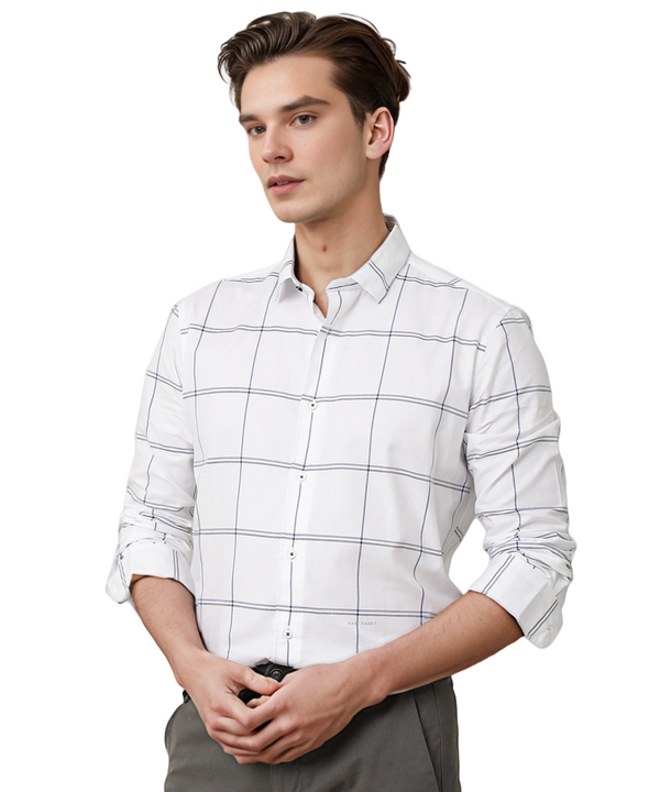 IndoPrimo Men's Poly Cotton Casual Pacific White Checks Shirt with for Men Full Sleeves - Avenger