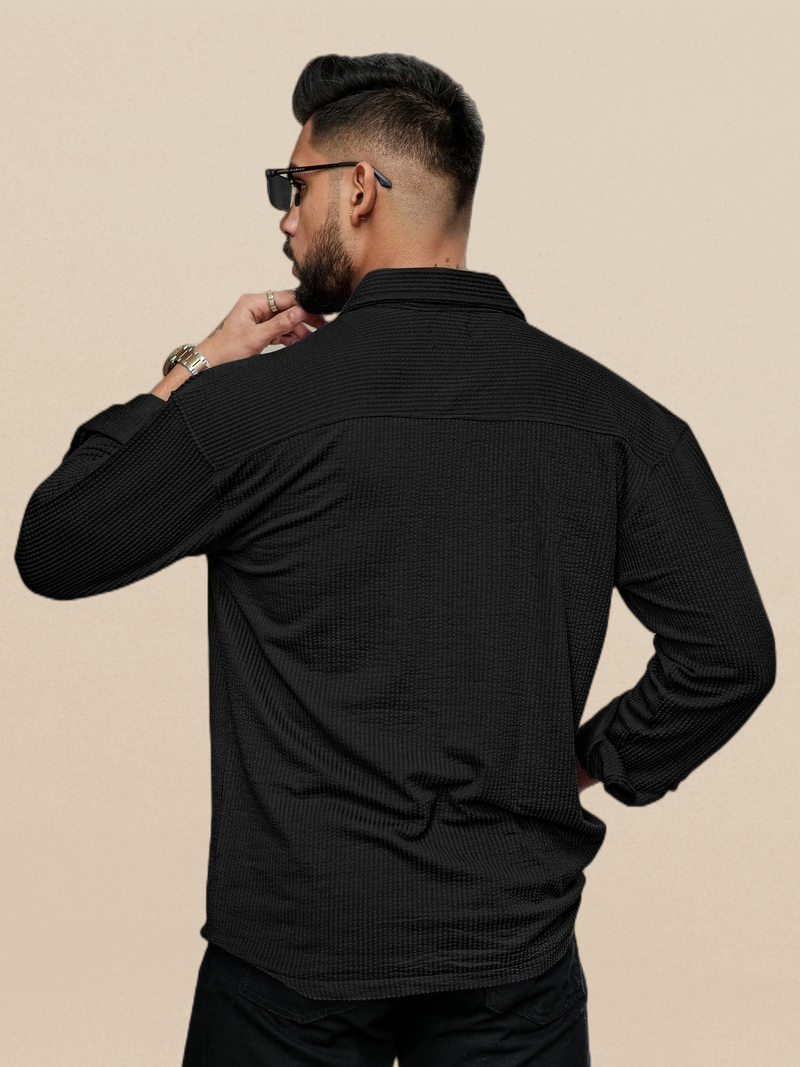 IndoPrimo Men's Regular Fit Fancy Double Pocket Black Casual Shirt