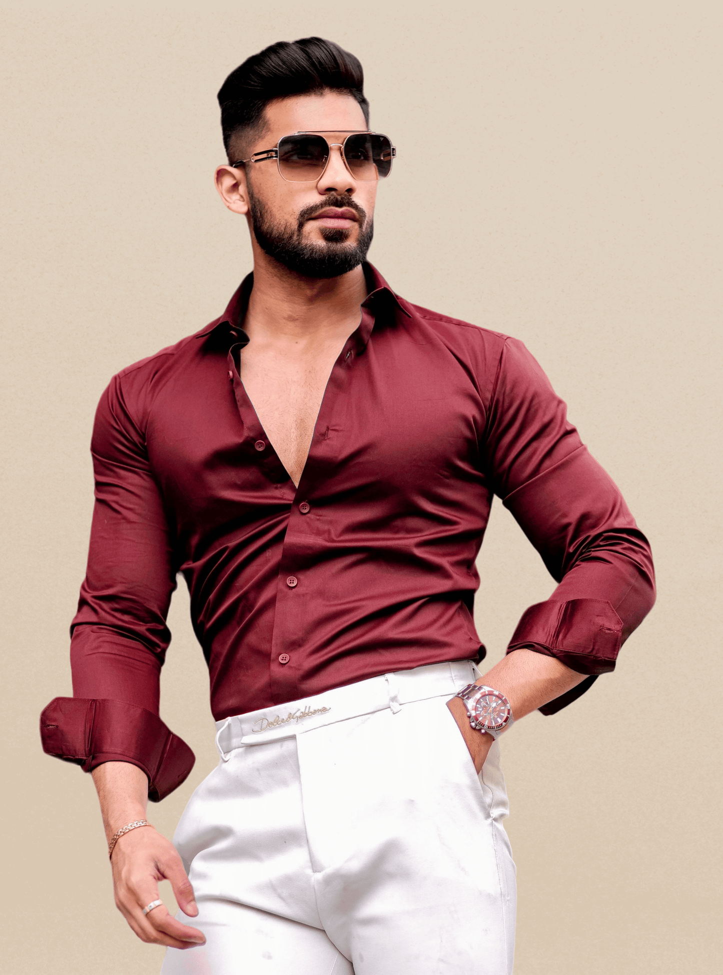 IndoPrimo Men's Casual Solid Satin Maroon Shirt